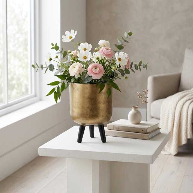 Modern Gold Plant Pot With Tripod Stand, Mid Century Style Indoor Planter, Faux Concrete Cylinder Flower Black Legs Gift For Mother - image 1