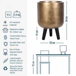 Modern Gold Plant Pot With Tripod Stand, Mid Century Style Indoor Planter, Faux Concrete Cylinder Flower Black Legs Gift For Mother - thumbnail 4