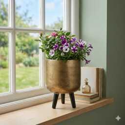 Modern Gold Plant Pot With Tripod Stand, Mid Century Style Indoor Planter, Faux Concrete Cylinder Flower Black Legs Gift For Mother - thumbnail 2