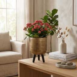 Modern Gold Plant Pot With Tripod Stand, Mid Century Style Indoor Planter, Faux Concrete Cylinder Flower Black Legs Gift For Mother - thumbnail 3