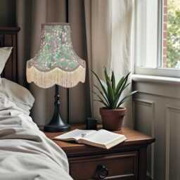 Grey Floral Lampshade With Cream Fringe Handmade For Ceiling Lights, Table & Floor Standard Lamp Shades, Wall Lights - thumbnail 2