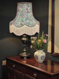 Grey Floral Lampshade With Cream Fringe British Made Fabric Ceiling, Table Lamp Shades