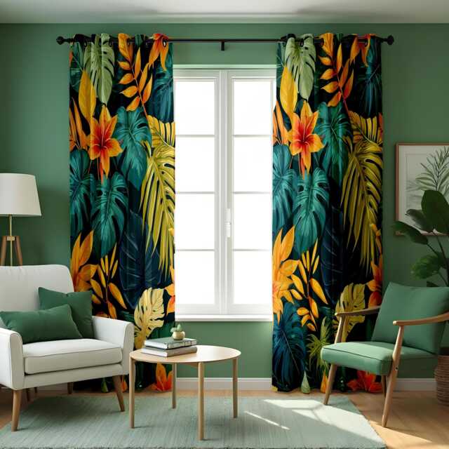 Tropical Leaf Curtains, Dark Jungle Botanical Drapes With Monstera & Palm Leaves, Vibrant Floral Pattern Curtain Panels - image 1