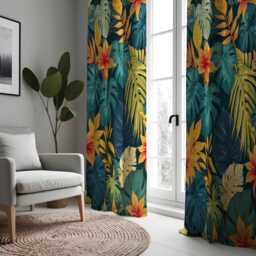 Tropical Leaf Curtains, Dark Jungle Botanical Drapes With Monstera & Palm Leaves, Vibrant Floral Pattern Curtain Panels - thumbnail 4