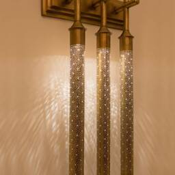 stylish Triple-Shaded Sconce-style Wall Light Blending The Best Of Moroccan & Contemporary Design, Handmade Brass Sconce - thumbnail 2