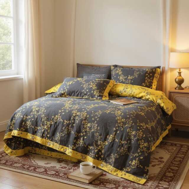 4 Piece Floral Bedding Set - Charcoal & Mustard Duvet Cover Cozy Aesthetic Bedroom Decor Tiktok Viral Home Gift For Her - image 1