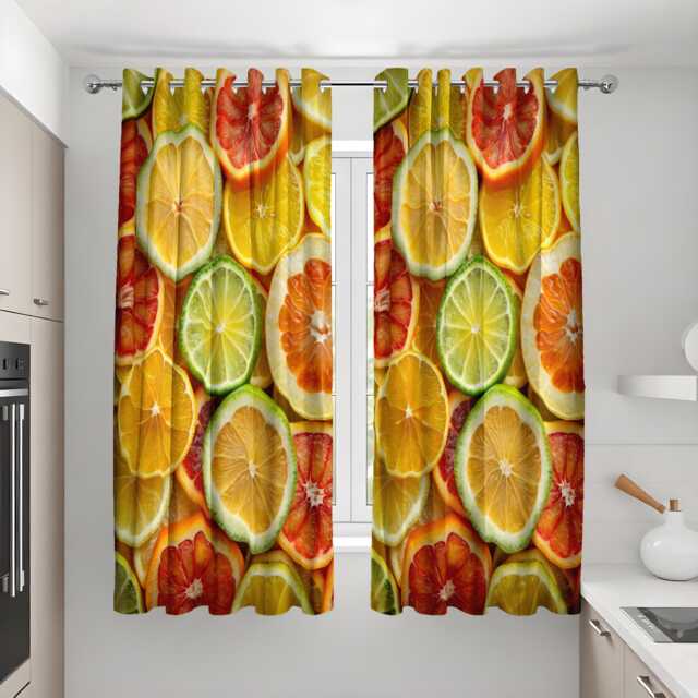 Citrus Fruit Kitchen Curtains, Colorful Lemon Lime Orange Print Drapes, Eyelet Panels For Summer Cafe, Breakfast Nook Or Pantry - image 1