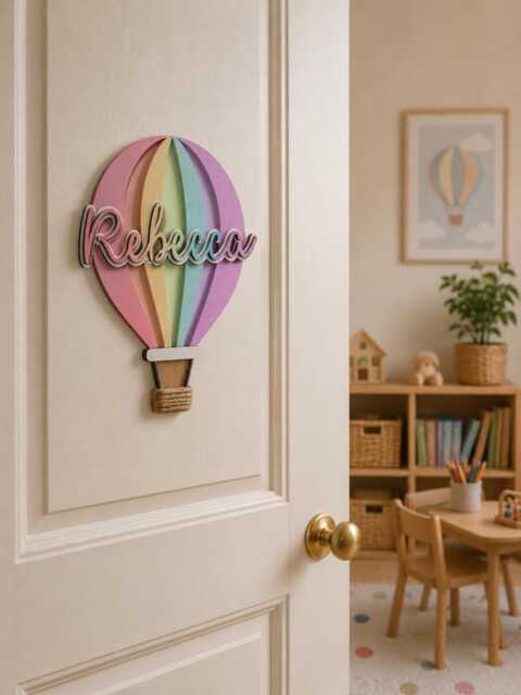 Personalised Hot Air Balloon Oak Name Sign - Adventure Nursery Wall Decor Custom Wooden Plaque Sky Theme Baby Gift - image 1