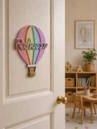 Personalised Hot Air Balloon Oak Name Sign - Adventure Nursery Wall Decor Custom Wooden Plaque Sky Theme Baby Gift