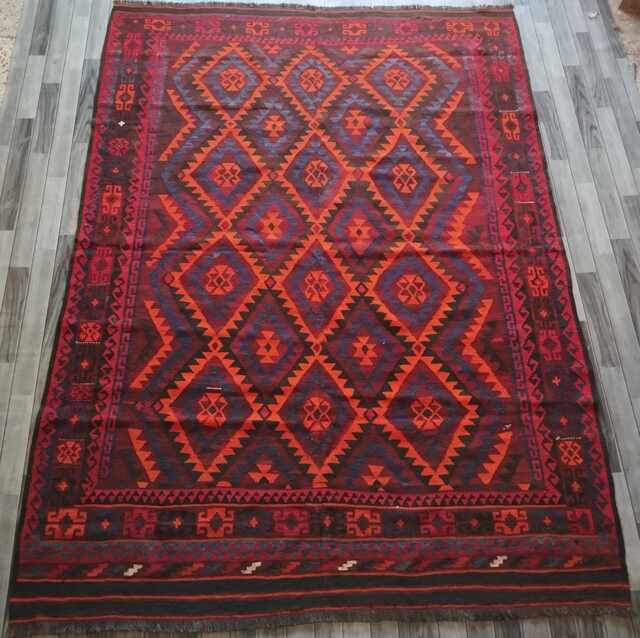 Handmade Afghan Red Kilim Rug, Artisan Natural Wool Geometric Design Flatweave, Size 299x227 cm - image 1