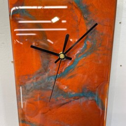 Long Copper Turquoise & White Abstract Resin Wall Clock, Modern Home Decor, Kitchen Clock - thumbnail 3