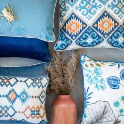 Boho Cushion Cover, Printed Navajo Cushion, Style Blue Orange Pillowcase , Piped Double Sided Cotton, 45x45cm - thumbnail 4