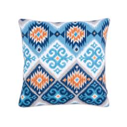Boho Cushion Cover, Printed Navajo Cushion, Style Blue Orange Pillowcase , Piped Double Sided Cotton, 45x45cm - thumbnail 1