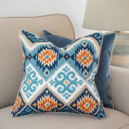 Boho Cushion Cover, Printed Navajo Cushion, Style Blue Orange Pillowcase , Piped Double Sided Cotton, 45x45cm - thumbnail 2