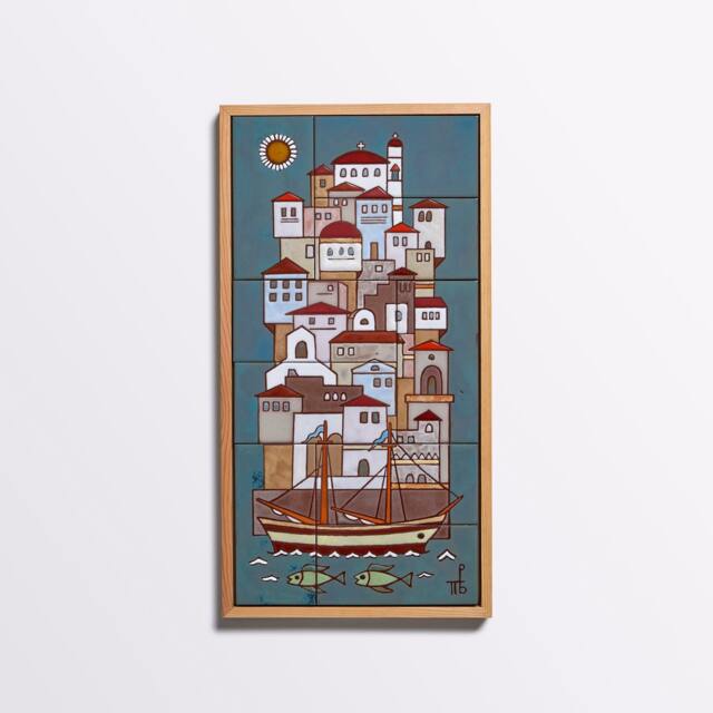 Harbor Ceramic Mural Coastal City Sailing Boat Handpainted Tile Art Nautical Decor Geometric Framed Wall For Architect Ship With Sails - image 1