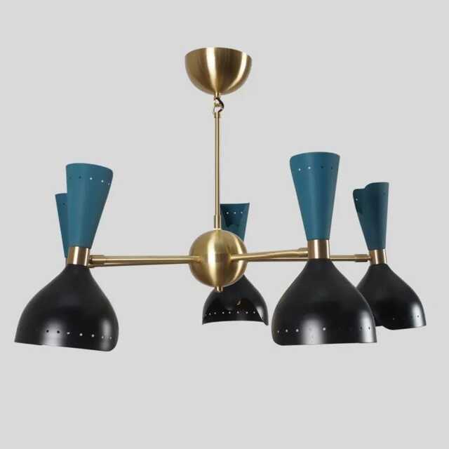 Mid-Century Modern Sputnik Chandelier, Brass & Black, Atomic Lighting, 5-Light Fixture - image 1