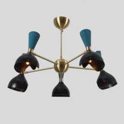 Mid-Century Modern Sputnik Chandelier, Brass & Black, Atomic Lighting, 5-Light Fixture - thumbnail 2
