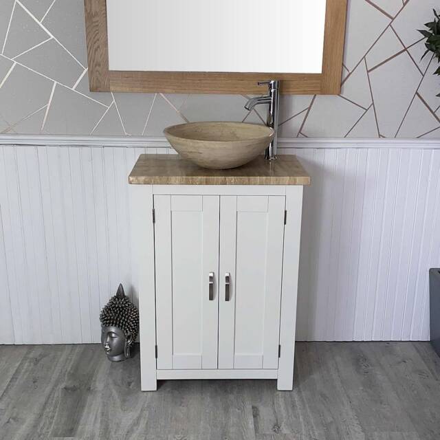 Hand Crafted Painted White Bathroom Vanity - Travertine Top & Basin - image 1