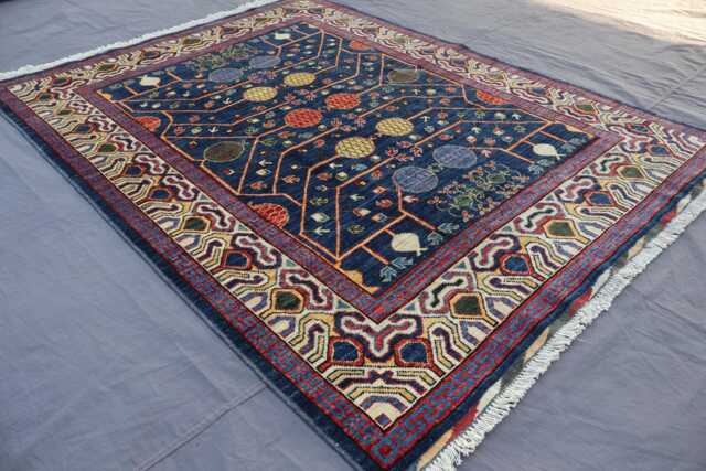5x7 Ft Navy Blue Turkmen Khotan Rug, Afghan Hand Knotted High Pile Wool Tribal Oriental Area Rug, Rug For Bedroom Living Room - image 1