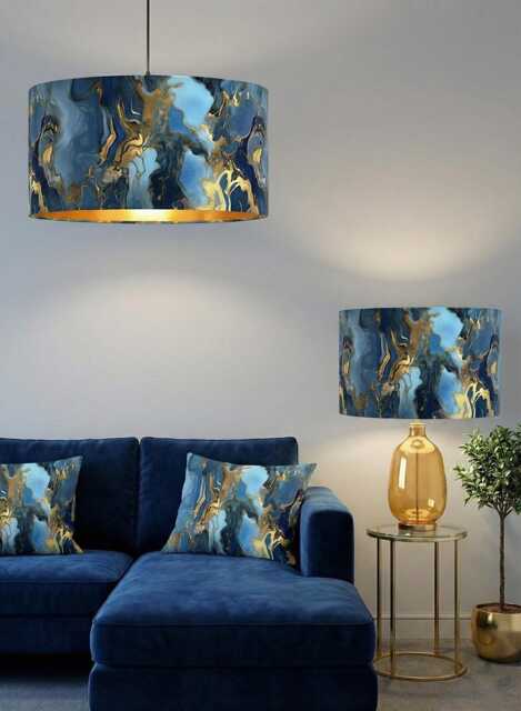 Handmade By Order Luxury Blue Gold Marble Wave Abstract Art Velvet Drum Lamp Shade Pendant Light All Shapes & Sizes Available - image 1