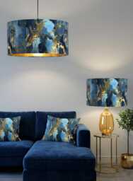 Handmade By Order Luxury Blue Gold Marble Wave Abstract Art Velvet Drum Lamp Shade Pendant Light All Shapes & Sizes Available - thumbnail 1