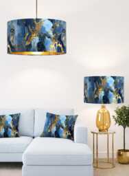 Handmade By Order Luxury Blue Gold Marble Wave Abstract Art Velvet Drum Lamp Shade Pendant Light All Shapes & Sizes Available - thumbnail 1