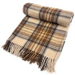 stewart Natural Dress Tartan Wool Knee Blanket, Beige Check Pattern, 185x77cm, Scottish Made, Fringed Edges - thumbnail 2