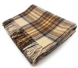 stewart Natural Dress Tartan Wool Knee Blanket, Beige Check Pattern, 185x77cm, Scottish Made, Fringed Edges - thumbnail 1