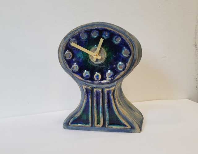 Hand Made Free Standing Blue Ceramic Mantle Clock With Inlaid & Green Glass 20.5 cm Tall - image 1