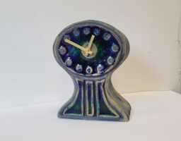 Hand Made Free Standing Blue Ceramic Mantle Clock With Inlaid & Green Glass 20.5 cm Tall - thumbnail 1
