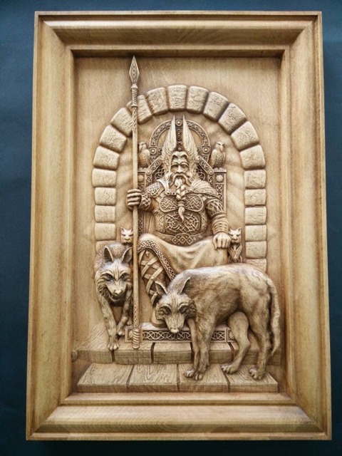 Vikings Norse God Odin Wolfs Ravens Wood Carved Wall Art Home Decor, Valhalla, Vikings Pagan - image 1