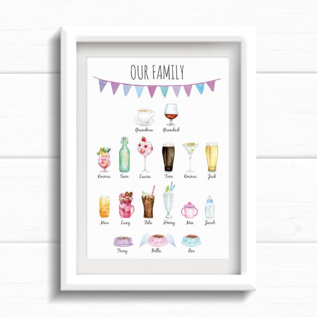 Personalised Family Tree Print, Birthday Or Christmas Gift, Drinks Print For Dad, Grandparents, Grandma, Grandad, Nain, Present Mum - image 1