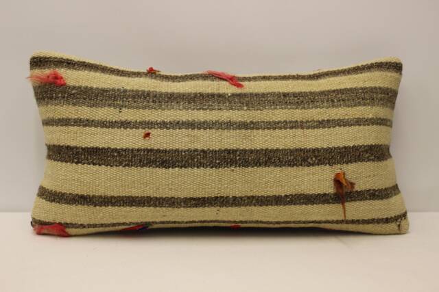 Vintage Turkish Kilim Pillow Cover, Wool Lumbar Cushion - 12x24 Inches - image 1