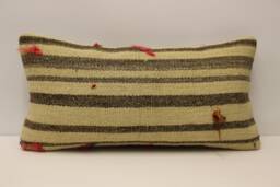 Vintage Turkish Kilim Pillow Cover, Wool Lumbar Cushion - 12x24 Inches