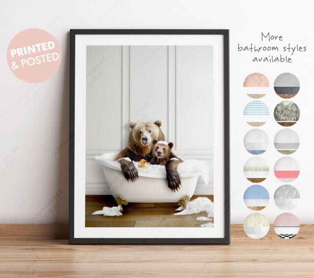 Daddy Bear Father's Day Gift. 1, 2 Or 3 Baby Cubs With in Victorian Bath Tub Print, Funny Gift, Bathroom Print - image 1