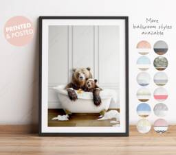Daddy Bear Father's Day Gift. 1, 2 Or 3 Baby Cubs With in Victorian Bath Tub Print, Funny Gift, Bathroom Print - thumbnail 1