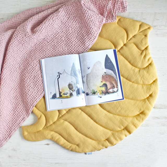 Mustard Linen Leaf Play Mat, Quilted Yellow Nursery Floor Soft Kids Room Rug - image 1