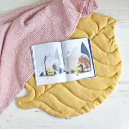 Mustard Linen Leaf Play Mat, Quilted Yellow Nursery Floor Soft Kids Room Rug - thumbnail 1