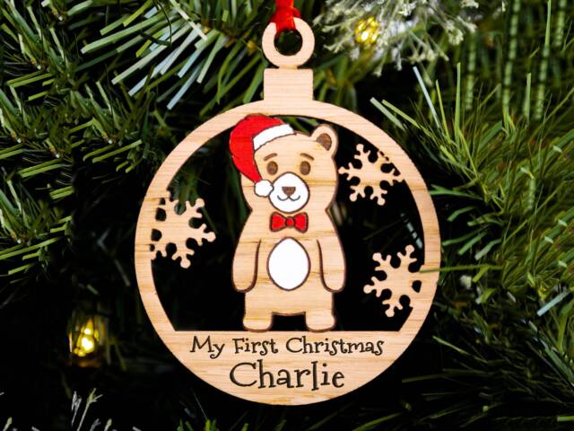 Baby Boy First Christmas Tree Decoration, Cute Bear Personalised Wood Oak Engraved Xmas Ornament, Stocking Filler, Secret Santa, Single Male - image 1