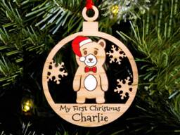 Baby Boy First Christmas Tree Decoration, Cute Bear Personalised Wood Oak Engraved Xmas Ornament, Stocking Filler, Secret Santa, Single Male - thumbnail 1