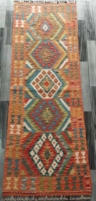 Classic Runner Rug, Handmade Artisan Afghan Turkish Scandinavian Navajo Bohemian Wool Flatweave Multicolour Kilim Rug 199x71 cm - image 1