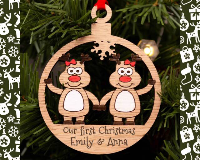 Couples Christmas Decoration, Lgbt Bauble, Lesbian Engraved Xmas Ornament, Reindeer Family, Tree Santa, Gay Couple - image 1