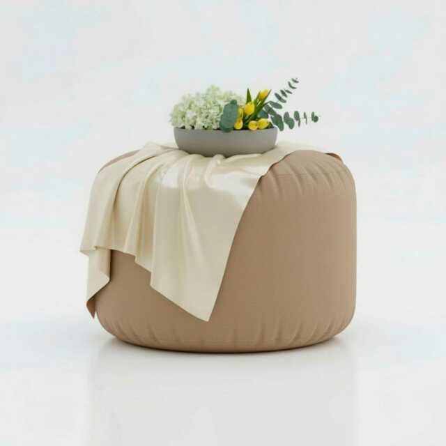 Beige Beanbag Ottoman Round Water Resistant Footstool Pouf - image 1