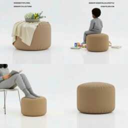 Beige Beanbag Ottoman Round Water Resistant Footstool Pouf - thumbnail 3