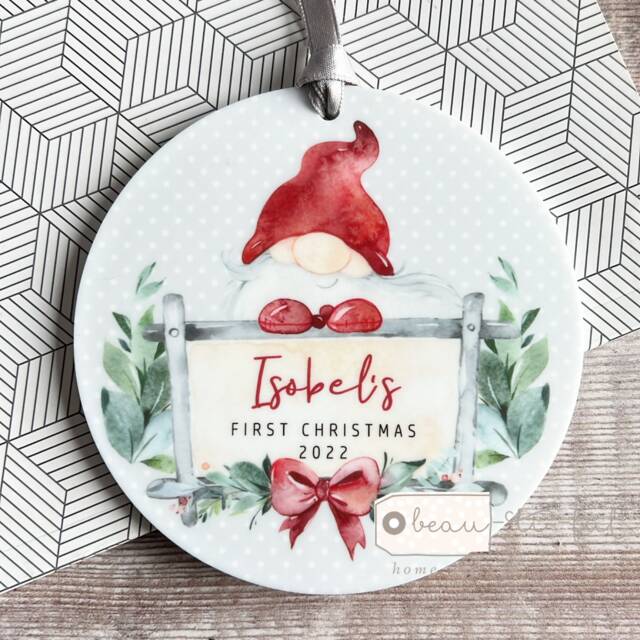 Personalised 1st Christmas Baby Babies Baby's First Santa Gnome Signpost Design Acrylic Round Ornament Keepsake Boy Child Gift