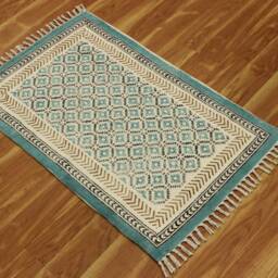 Block Printed Cotton Rug Teal Blue Boho Kilim Dhurrie - thumbnail 3