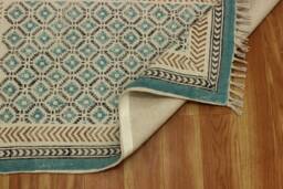 Block Printed Cotton Rug Teal Blue Boho Kilim Dhurrie - thumbnail 1