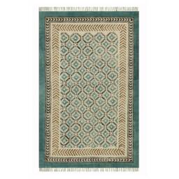 Block Printed Cotton Rug Teal Blue Boho Kilim Dhurrie - thumbnail 2