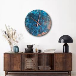 Wall Clock Blue Patina Copper - Round Metal Ornament Patinated Decor Handmade Clock, Rustic - thumbnail 3