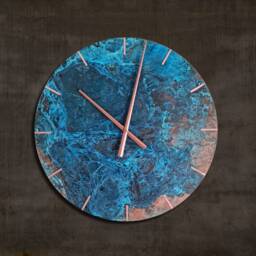 Wall Clock Blue Patina Copper - Round Metal Ornament Patinated Decor Handmade Clock, Rustic - thumbnail 1